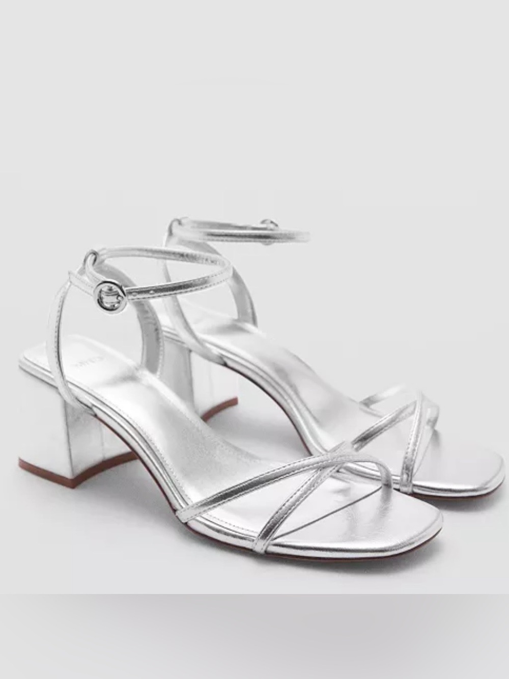Mango Silver Metallic Strappy Block Heel Sandals